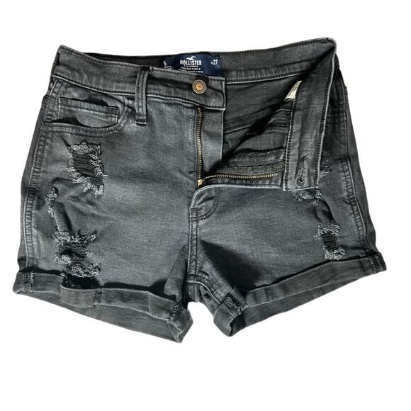 Hollister high rise Distressed Black Denim Shorts size 5/27W - Picture 6 of 11